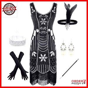 Sequin Fringed Flapper Dress 1920s Gatsby Costume One Size Stretch Spandex